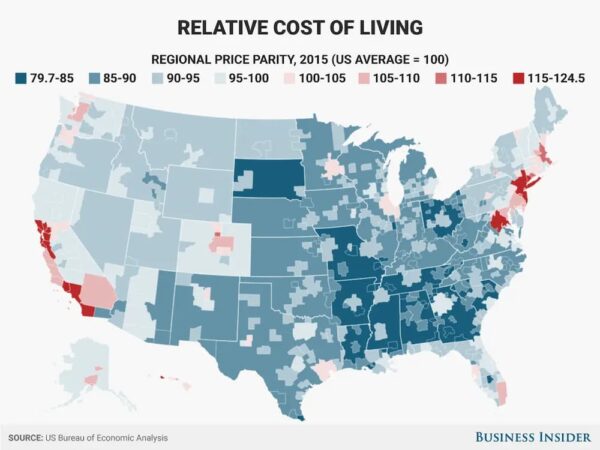 Which US state is the highest and lowest cost of living?
