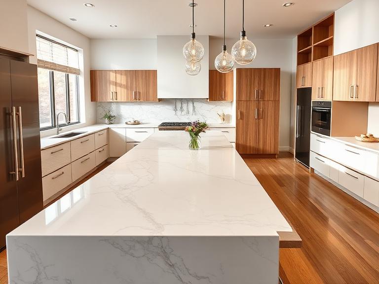 Marble kitchen benchtop in a modern luxury kitchen