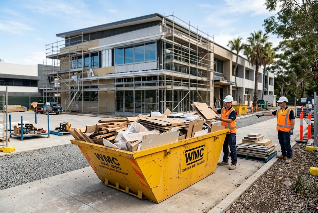 Commercial skip bin collecting construction waste at an Australian renovation site