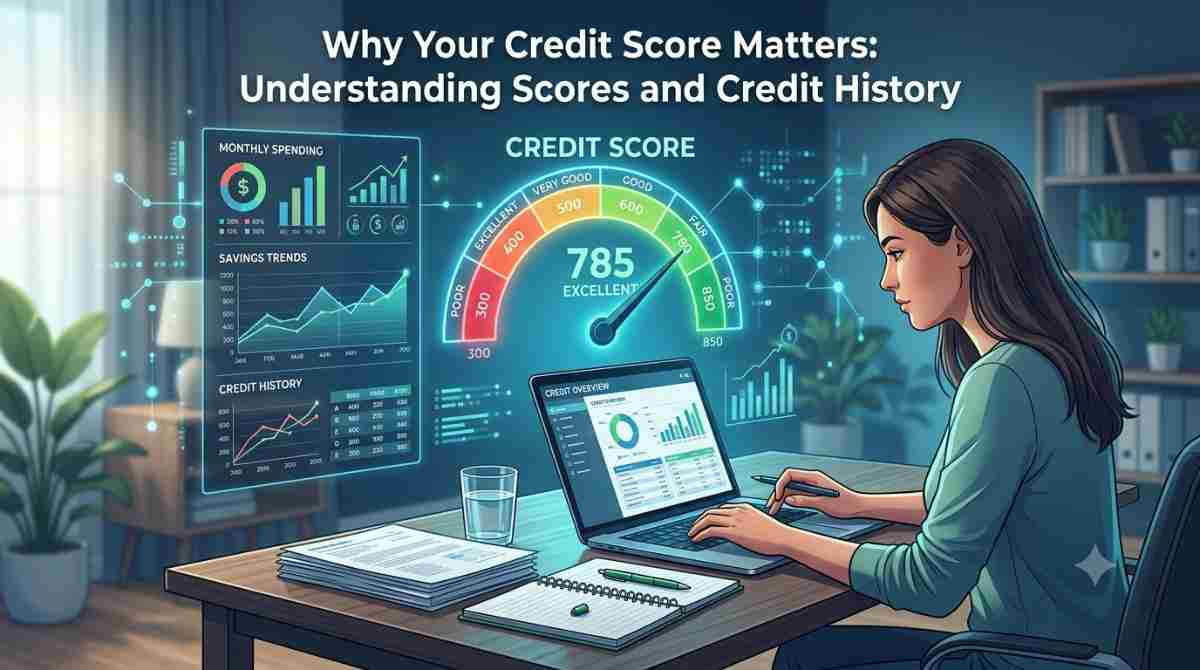 Credit score meter beside a credit report and calculator